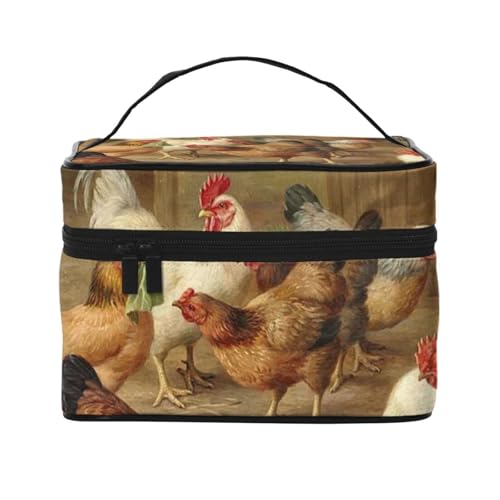 Große Kapazität Reise Bauernhof Hühner Kosmetiktasche Canvas Damen Kulturbeutel Multi Pocket Kosmetiktasche mit Griff Weihnachten Urlaub Kosmetiktasche, Schwarz , Einheitsgröße von KLMELLMDE