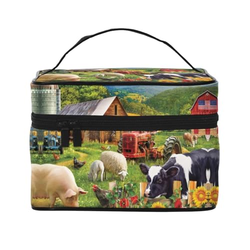 Große Kapazität Reise Bauernhof Tiere Kosmetiktasche Canvas Damen Kulturbeutel Multi Pocket Kosmetiktasche mit Griff Weihnachten Urlaub Kosmetiktasche, Schwarz , Einheitsgröße von KLMELLMDE
