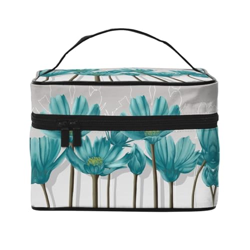 Große Kapazität Reise Blaugrün Grau und Weiß Blumen Kosmetiktasche Canvas Damen Kulturbeutel Multi-Taschen Kosmetiktasche mit Griff Weihnachten Urlaub Kosmetiktasche, Schwarz , Einheitsgröße von KLMELLMDE