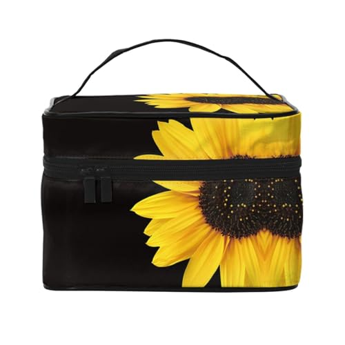 Große Kapazität Reise Blume Sonnenblume Kosmetiktasche Canvas Damen Kulturbeutel Multi Pocket Kosmetiktasche mit Griff Weihnachten Urlaub Kosmetiktasche, Schwarz , Einheitsgröße von KLMELLMDE