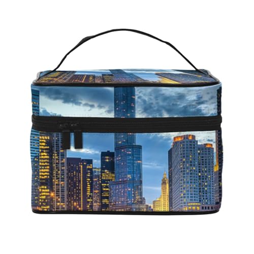 Große Kapazität Reise Chicago Illinois USA Kosmetiktasche Canvas Damen Kulturtasche Multi Pocket Kosmetiktasche mit Griff Weihnachten Urlaub Kosmetiktasche, Schwarz , Einheitsgröße von KLMELLMDE