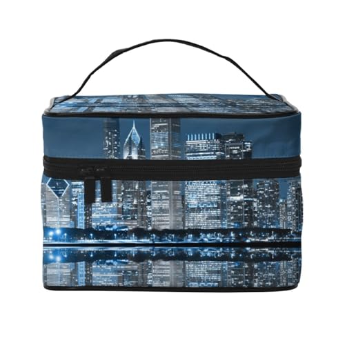 Große Kapazität Reise Chicago Reflektierende Kosmetiktasche Canvas Damen Kulturtasche Multi Pocket Kosmetiktasche mit Griff Weihnachten Urlaub Kosmetiktasche, Schwarz , Einheitsgröße von KLMELLMDE