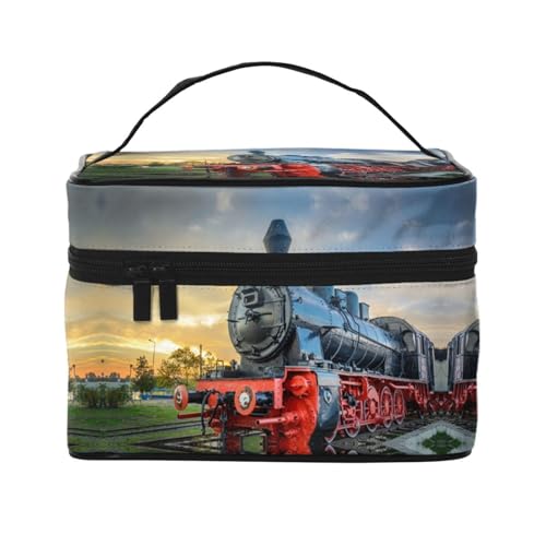 Große Kapazität Reise Dampfzug Kosmetiktasche Canvas Damen Kulturbeutel Multi-Taschen-Kosmetiktasche mit Griff Weihnachten Urlaub Kosmetiktasche, Schwarz , Einheitsgröße von KLMELLMDE