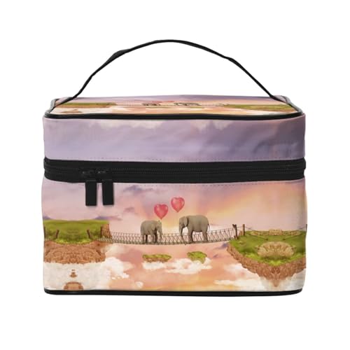 Große Kapazität Reise Elefant auf einer Brücke Kosmetiktasche Canvas Damen Kulturbeutel Multi Pocket Kosmetiktasche mit Griff Weihnachten Urlaub Kosmetiktasche, Schwarz , Einheitsgröße von KLMELLMDE