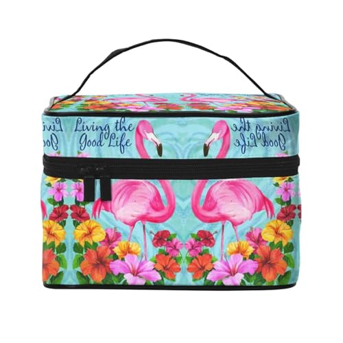 Große Kapazität Reise Flamingo Blumen Kosmetiktasche Canvas Damen Kulturtasche Multi Pocket Kosmetiktasche mit Griff Weihnachten Urlaub Kosmetiktasche, Schwarz , Einheitsgröße von KLMELLMDE