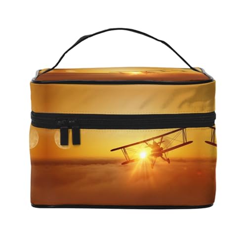 Große Kapazität Reise Flugzeug Flugzeug bei Sonnenuntergang Kosmetiktasche Canvas Damen Kulturbeutel Multi-Taschen-Kosmetiktasche mit Griff Weihnachten Urlaub Kosmetiktasche, Schwarz , Einheitsgröße von KLMELLMDE
