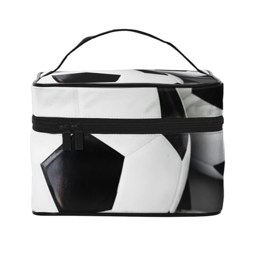 Große Kapazität Reise Fußball Kosmetiktasche Canvas Damen Kulturbeutel Multi-Taschen Kosmetiktasche mit Griff Weihnachten Urlaub Kosmetiktasche, Schwarz , Einheitsgröße von KLMELLMDE