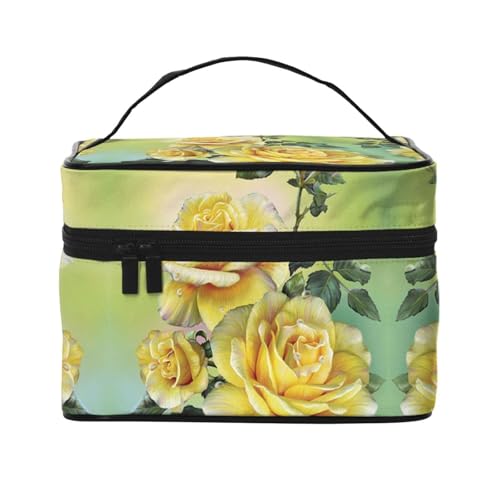 Große Kapazität Reise Gelbe Rose Kosmetiktasche Canvas Damen Kulturtasche Multi Pocket Kosmetiktasche mit Griff Weihnachten Urlaub Kosmetiktasche, Schwarz , Einheitsgröße von KLMELLMDE