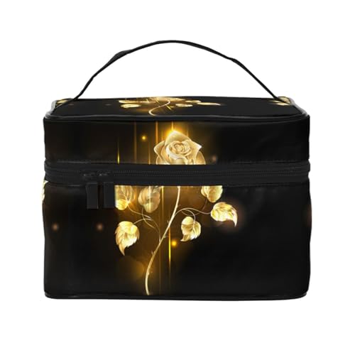 Große Kapazität Reise Gold Rose Kosmetiktasche Canvas Damen Kulturtasche Multi Pocket Kosmetiktasche mit Griff Weihnachten Urlaub Kosmetiktasche, Schwarz , Einheitsgröße von KLMELLMDE