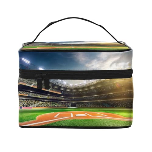 Große Kapazität Reise Grün Baseball Feld Hintergrund Kosmetiktasche Canvas Damen Kulturbeutel Multi-Taschen Kosmetiktasche mit Griff Weihnachten Urlaub Kosmetiktasche, Schwarz , Einheitsgröße von KLMELLMDE