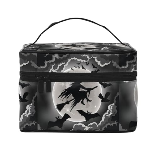 Große Kapazität Reise Halloween Hexe Kosmetiktasche Canvas Damen Kulturbeutel Multi Pocket Kosmetiktasche mit Griff Weihnachten Urlaub Kosmetiktasche, Schwarz , Einheitsgröße von KLMELLMDE