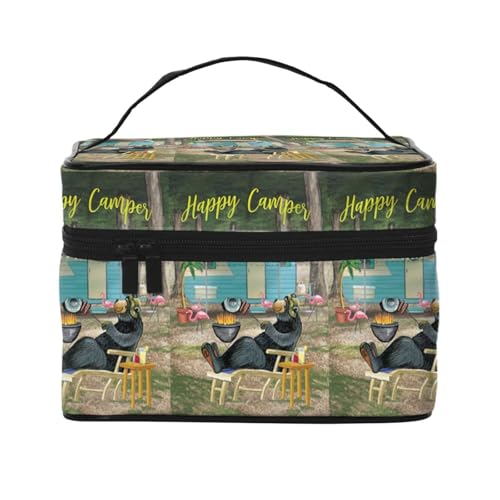 Große Kapazität Reise Happy Camper Kosmetiktasche Canvas Damen Kulturbeutel Multi Pocket Kosmetiktasche mit Griff Weihnachten Urlaub Kosmetiktasche, Schwarz , Einheitsgröße von KLMELLMDE