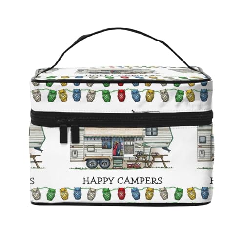 Große Kapazität Reise Happy Camper Kosmetiktasche Canvas Damen Kulturbeutel Multi Pocket Kosmetiktasche mit Griff Weihnachten Urlaub Kosmetiktasche, Schwarz , Einheitsgröße von KLMELLMDE