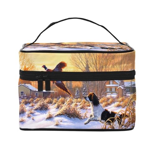 Große Kapazität Reise Hund fangen Fasan Kosmetiktasche Canvas Damen Kulturbeutel Multi Pocket Kosmetiktasche mit Griff Weihnachten Urlaub Kosmetiktasche, Schwarz , Einheitsgröße von KLMELLMDE