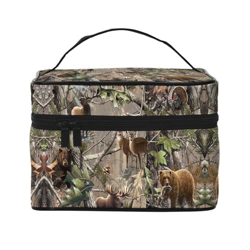 Große Kapazität Reise Jagd Hirsch Bär Elch Kosmetiktasche Canvas Damen Kulturbeutel Multi Pocket Kosmetiktasche mit Griff Weihnachten Urlaub Kosmetiktasche, Schwarz , Einheitsgröße von KLMELLMDE