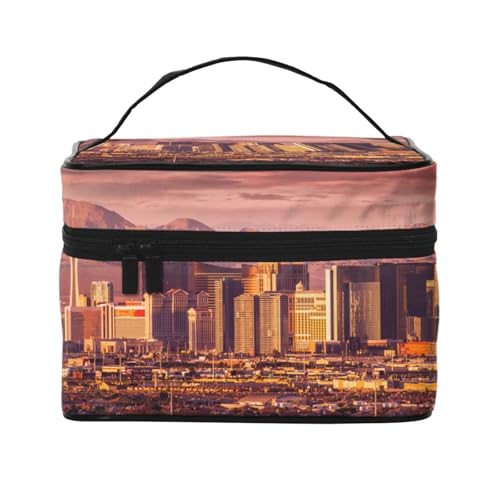 Große Kapazität Reise Las Vegas Sonnenuntergang Kosmetiktasche Canvas Damen Kulturbeutel Multi Pocket Kosmetiktasche mit Griff Weihnachten Urlaub Kosmetiktasche, Schwarz , Einheitsgröße von KLMELLMDE