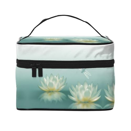 Große Kapazität Reise Libelle mit Seerose Kosmetiktasche Canvas Damen Kulturbeutel Multi Pocket Kosmetiktasche mit Griff Weihnachten Urlaub Kosmetiktasche, Schwarz , Einheitsgröße von KLMELLMDE