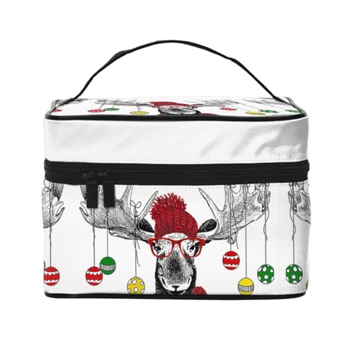 Große Kapazität Reise Lustige Weihnachten Hirsch Kosmetiktasche Canvas Damen Kulturbeutel Multi Pocket Kosmetiktasche mit Griff Weihnachten Urlaub Kosmetiktasche, Schwarz , Einheitsgröße von KLMELLMDE