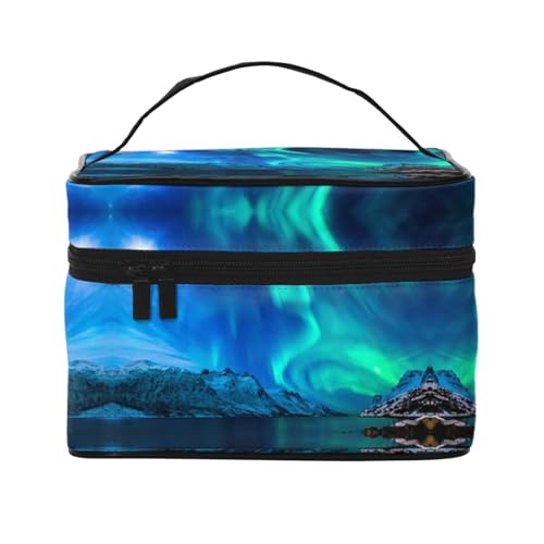 Große Kapazität Reise Nordlichter Kosmetiktasche Canvas Damen Kulturtasche Multi Pocket Kosmetiktasche mit Griff Weihnachten Urlaub Kosmetiktasche, Schwarz , Einheitsgröße von KLMELLMDE