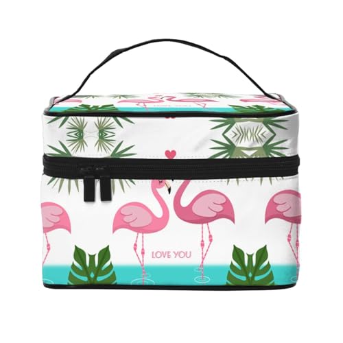 Große Kapazität Reise Palmblatt und Flamingos Paar Kosmetiktasche Canvas Damen Kulturbeutel Multi Pocket Kosmetiktasche mit Griff Weihnachten Urlaub Kosmetiktasche, Schwarz , Einheitsgröße von KLMELLMDE