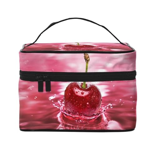 Große Kapazität Reise Red Cherries Kosmetiktasche Canvas Damen Kulturtasche Multi Pocket Kosmetiktasche mit Griff Weihnachten Urlaub Kosmetiktasche, Schwarz , Einheitsgröße von KLMELLMDE