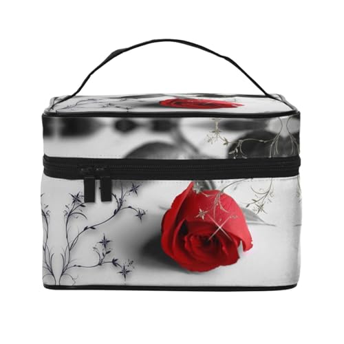 Große Kapazität Reise Red Rose Kosmetiktasche Canvas Damen Kulturtasche Multi Pocket Kosmetiktasche mit Griff Weihnachten Urlaub Kosmetiktasche, Schwarz , Einheitsgröße von KLMELLMDE