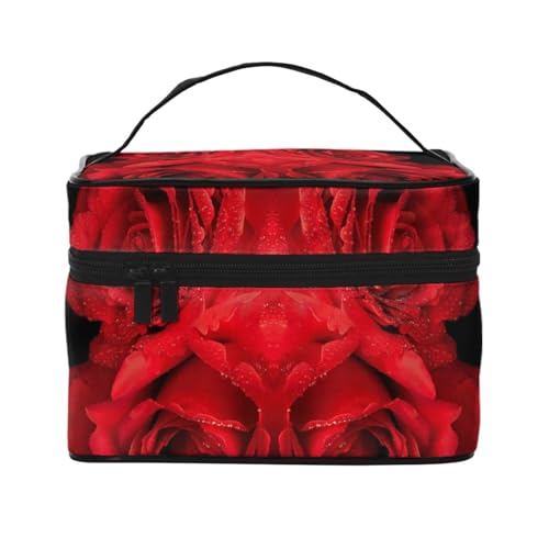 Große Kapazität Reise Red Rose Kosmetiktasche Canvas Damen Kulturtasche Multi Pocket Kosmetiktasche mit Griff Weihnachten Urlaub Kosmetiktasche, Schwarz , Einheitsgröße von KLMELLMDE