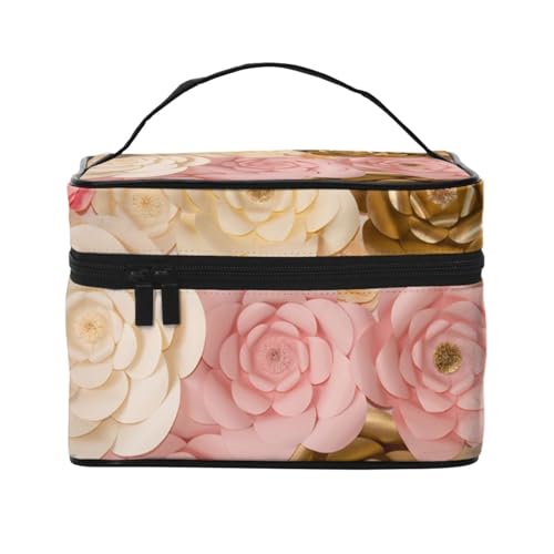 Große Kapazität Reise Rosa Weiß Gold Blumen Kosmetiktasche Canvas Damen Kulturtasche Multi Pocket Kosmetiktasche mit Griff Weihnachten Urlaub Kosmetiktasche, Schwarz , Einheitsgröße von KLMELLMDE