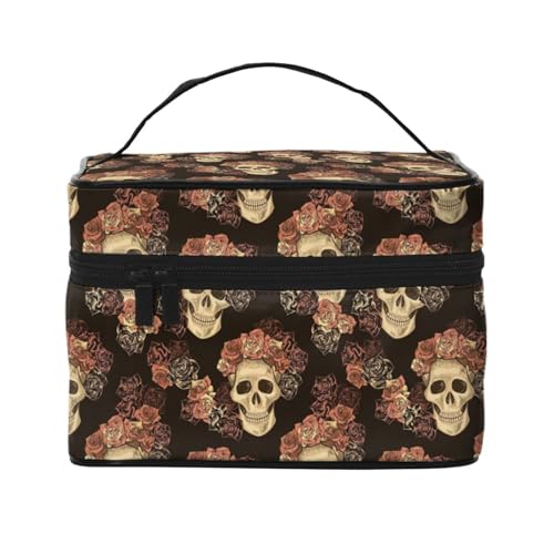Große Kapazität Reise Rose Schädel Kosmetiktasche Canvas Damen Kulturbeutel Multi-Taschen Kosmetiktasche mit Griff Weihnachten Urlaub Kosmetiktasche, Schwarz , Einheitsgröße von KLMELLMDE