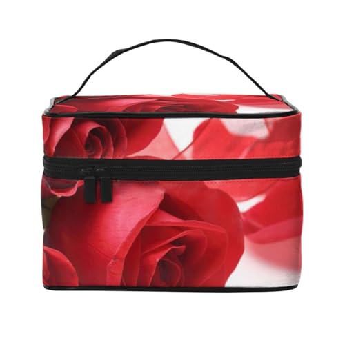 Große Kapazität Reise Rose und rote Blütenblatt Kosmetiktasche Canvas Damen Kulturbeutel Multi Pocket Kosmetiktasche mit Griff Weihnachten Urlaub Kosmetiktasche, Schwarz , Einheitsgröße von KLMELLMDE