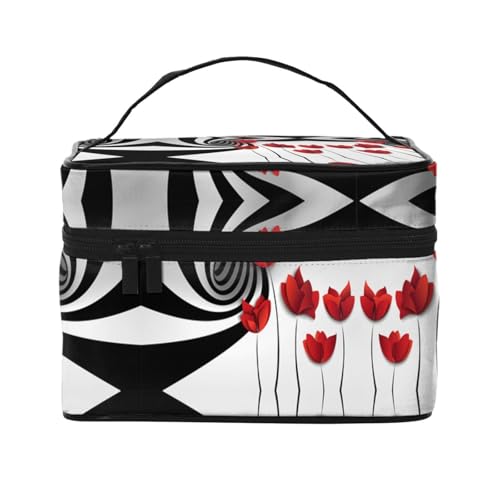 Große Kapazität Reise Rot Blume Kosmetiktasche Canvas Damen Kulturbeutel Multi-Taschen-Kosmetiktasche mit Griff Weihnachten Urlaub Kosmetiktasche, Schwarz , Einheitsgröße von KLMELLMDE