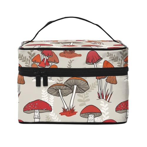Große Kapazität Reise Rot Pilze Kosmetiktasche Canvas Damen Kulturbeutel Multi Pocket Kosmetiktasche mit Griff Weihnachten Urlaub Kosmetiktasche, Schwarz , Einheitsgröße von KLMELLMDE