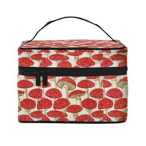 Große Kapazität Reise Rot Weiß Pilz Kosmetiktasche Canvas Damen Kulturtasche Multi Pocket Kosmetiktasche mit Griff Weihnachten Urlaub Kosmetiktasche, Schwarz , Einheitsgröße von KLMELLMDE