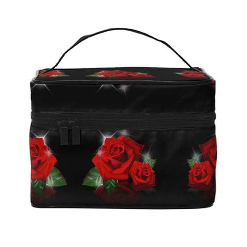 Große Kapazität Reise Rote Rosen Kosmetiktasche Canvas Damen Kulturtasche Multi Pocket Kosmetiktasche mit Griff Weihnachten Urlaub Kosmetiktasche, Schwarz , Einheitsgröße von KLMELLMDE