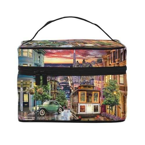 Große Kapazität Reise San Francisco Kosmetiktasche Canvas Damen Kulturbeutel Multi Pocket Kosmetiktasche mit Griff Weihnachten Urlaub Kosmetiktasche, Schwarz , Einheitsgröße von KLMELLMDE