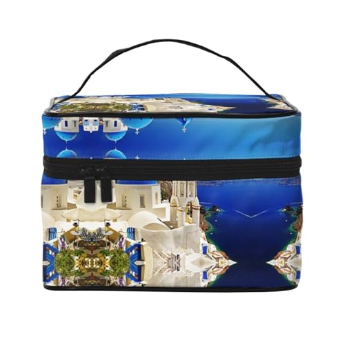 Große Kapazität Reise Santorini Griechische Insel Meer Blick Kosmetiktasche Canvas Damen Kulturbeutel Multi-Taschen Kosmetiktasche mit Griff Weihnachten Urlaub Kosmetiktasche, Schwarz , Einheitsgröße von KLMELLMDE