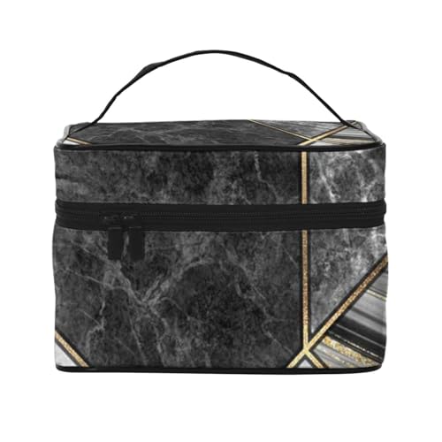 Große Kapazität Reise Schwarz Marmor Textur Gold Kosmetiktasche Canvas Damen Kulturbeutel Multi-Taschen-Kosmetiktasche mit Griff Weihnachten Urlaub Kosmetiktasche, Schwarz , Einheitsgröße von KLMELLMDE