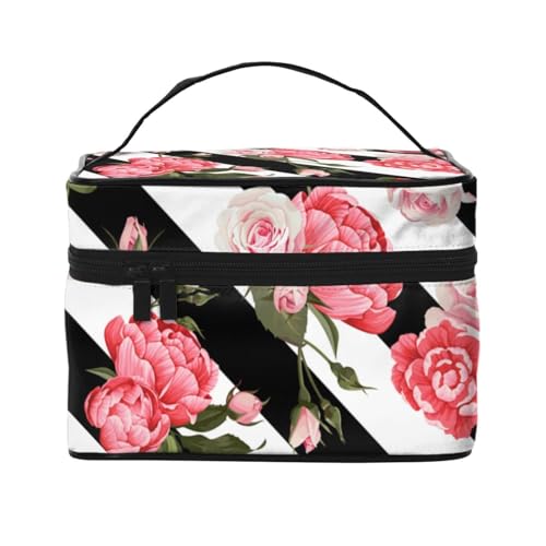 Große Kapazität Reise Schwarz Weiß Gestreifte Blumen Kosmetiktasche Canvas Damen Kulturbeutel Multi Pocket Kosmetiktasche mit Griff Weihnachten Urlaub Kosmetiktasche, Schwarz , Einheitsgröße Große Kapazität Reise Schwarz Weiß Gestreifte Blumen Kosmetiktasche Canvas Damen Kulturbeutel Multi Pocket Kosmetiktasche mit Griff Weihnachten Urlaub Kosmetiktasche, Schwarz , Einheitsgröße von KLMELLMDE