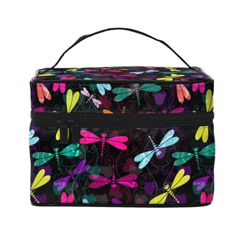 Große Kapazität Reise Süße Libelle Kosmetiktasche Canvas Damen Kulturbeutel Multi-Taschen Kosmetiktasche mit Griff Weihnachten Urlaub Kosmetiktasche, Schwarz , Einheitsgröße von KLMELLMDE