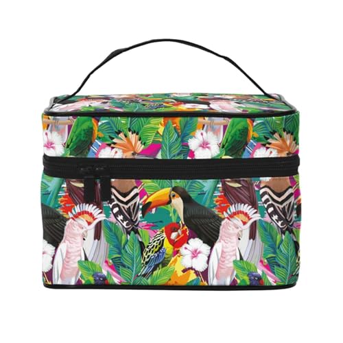 Große Kapazität Reise Tropische Vögel und Pflanze Blatt Kosmetiktasche Canvas Damen Kulturbeutel Multi-Taschen-Kosmetiktasche mit Griff Weihnachten Urlaub Kosmetiktasche, Schwarz , Einheitsgröße von KLMELLMDE