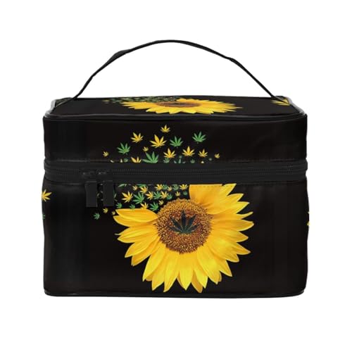 Große Kapazität Reise Unkraut mit Sonnenblume Kosmetiktasche Canvas Damen Kulturbeutel Multi Pocket Kosmetiktasche mit Griff Weihnachten Urlaub Kosmetiktasche, Schwarz , Einheitsgröße von KLMELLMDE