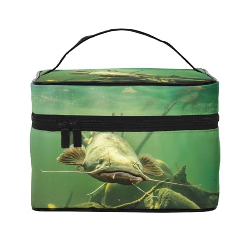 Große Kapazität Reise Unterwasser Wels Kosmetiktasche Canvas Damen Kulturbeutel Multi Pocket Kosmetiktasche mit Griff Weihnachten Urlaub Kosmetiktasche, Schwarz , Einheitsgröße von KLMELLMDE