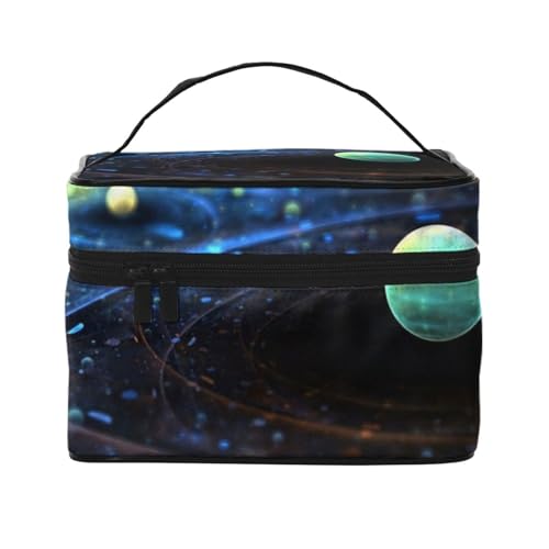 Große Kapazität Reise Weltraum Planeten Kosmetiktasche Canvas Damen Kulturtasche Multi Pocket Kosmetiktasche mit Griff Weihnachten Urlaub Kosmetiktasche, Schwarz , Einheitsgröße von KLMELLMDE
