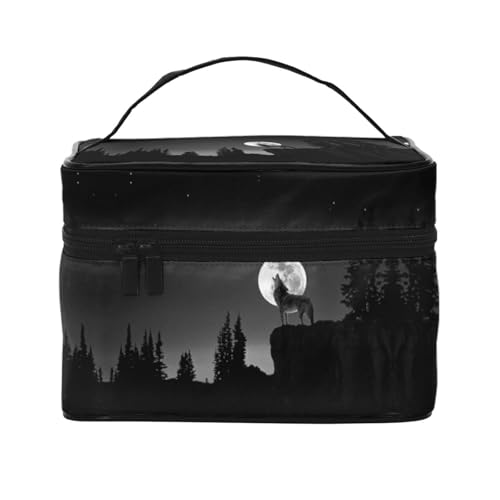 Große Kapazität Reise Wolf Nacht Mond Kosmetiktasche Canvas Damen Kulturtasche Multi Pocket Kosmetiktasche mit Griff Weihnachten Urlaub Kosmetiktasche, Schwarz , Einheitsgröße von KLMELLMDE