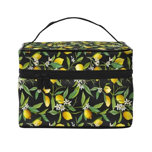 Große Kapazität Reise Zitrone und Blume Kosmetiktasche Canvas Damen Kulturbeutel Multi Pocket Kosmetiktasche mit Griff Weihnachten Urlaub Kosmetiktasche, Schwarz , Einheitsgröße von KLMELLMDE