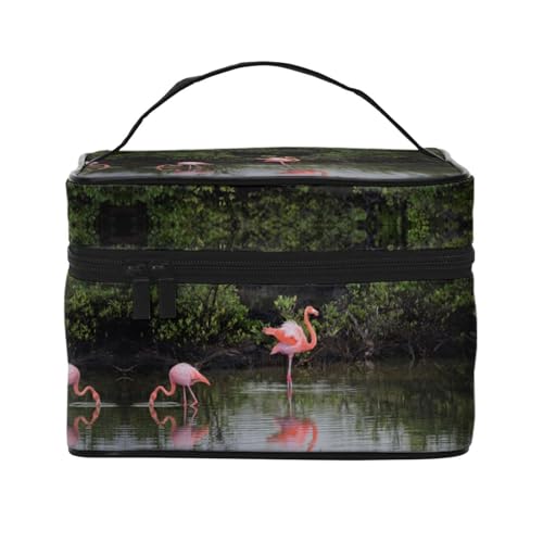 Große Kapazität Reise Zwei Flamingos Kosmetiktasche Canvas Damen Kulturtasche Multi Pocket Kosmetiktasche mit Griff Weihnachten Urlaub Kosmetiktasche, Schwarz , Einheitsgröße von KLMELLMDE