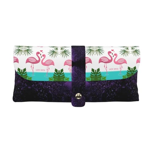 KLMELLMDE Exquisite Palmblatt- und Flamingo-Paar-Federmäppchen, Schnappverschluss, Leder-Brillentasche, Schulstifte-Etui, Büro-Schreibwaren-Organizer, Make-up-Tasche. von KLMELLMDE