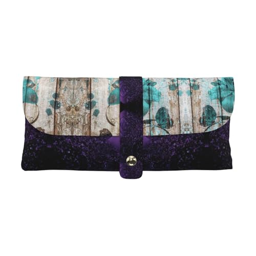 KLMELLMDE Exquisite blaugrüne Blume auf Holzplanken-Stiftetui, Schnappverschluss, Leder-Brillentasche, Schulstifte-Etui, Büro-Schreibwaren-Organizer, Make-up-Tasche. von KLMELLMDE