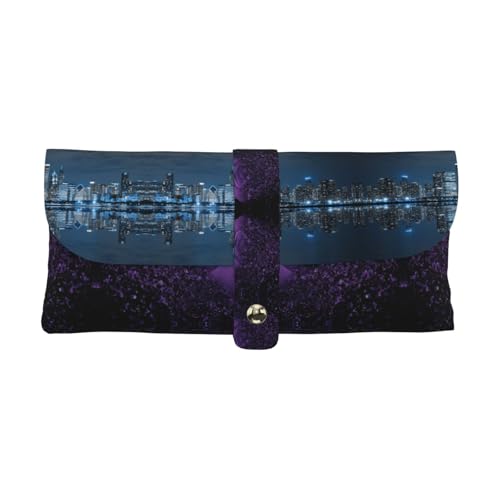 KLMELLMDE Exquisites Chicago reflektiertes Stifteetui, Schnappverschluss Leder Brillentasche, Schulstiftetui, Bürobedarf-Organizer, Make-up-Tasche von KLMELLMDE