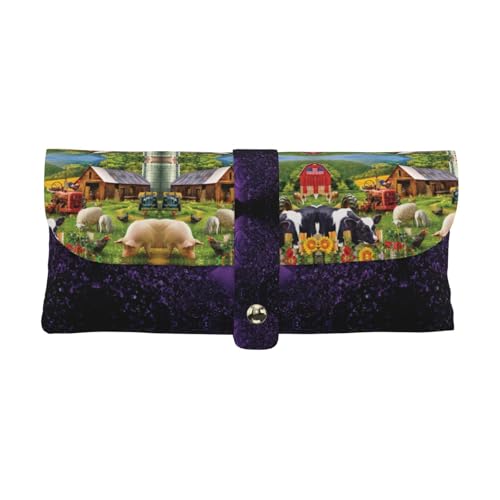 KLMELLMDE Exquisites Federmäppchen mit Bauernhoftieren, Schnappverschluss aus Leder, Brillentasche, Schulstiftetui, Bürobedarf-Organizer, Make-up-Tasche. von KLMELLMDE